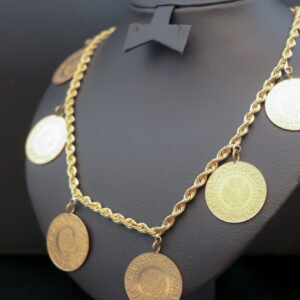 Lang halskæde med 7x100 kurush mønter i 22 karat guld